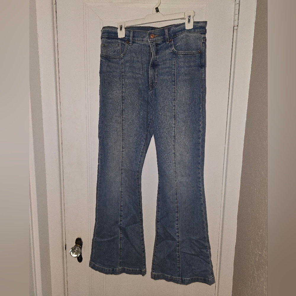 Express Med Wash Flare Jeans With Seam Detail - Size 10